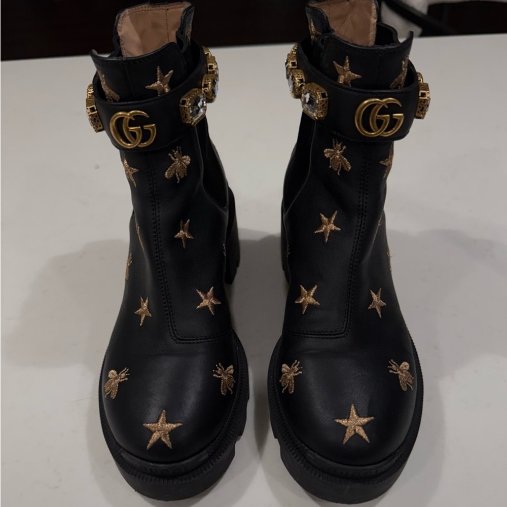 Gucci Black Boots with Gold Star and Bee Embellishments